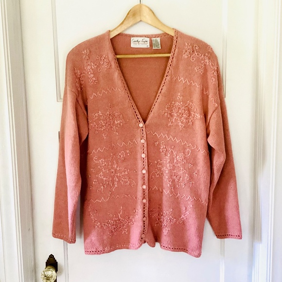 VTG 90s Carolyn Taylor Floral Embroidered beaded crochet Trim Cardigan Sweater M - Picture 15 of 16